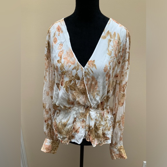 EVER NEW Fitted V-Neck Cross Over Floral Leaf Long Sleeve Blouse Women’s size 10 - Picture 4 of 13